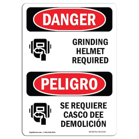 OSHA Danger Sign, Grinding Helmet Required Bilingual, 5in X 3.5in Decal